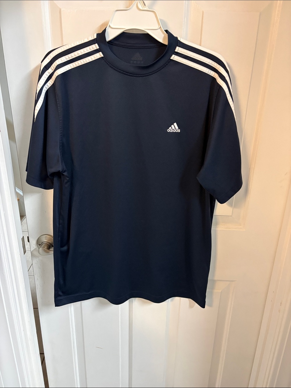 adidas Navy Short-Sleeve Athletic Tee with White Shoulder Stripes men’s sz L